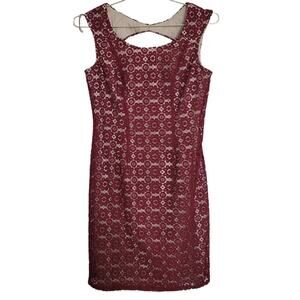 Adrianna Papell Dress Sz 4 Small S Burgundy Sleeveless Lace Overlay Fall Winter